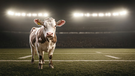 A cheerful cow stands confidently on a well-maintained football field, illuminated by stadium lights, creating a whimsical atmosphere blending sports and rural charm.の素材