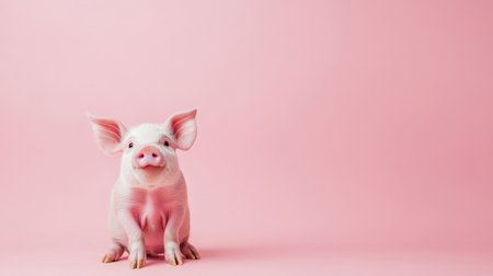 A charming piglet sits adorably against a soft pink background, embodying innocence and joy. Perfect for projects seeking a touch of whimsy and cuteness.の素材