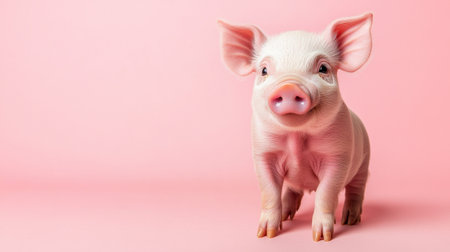 This delightful image features a young piglet with an expressive face standing on a gentle pink background, perfect for highlighting themes of cuteness and innocence in animal photography.の素材