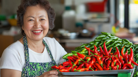 A joyful senior woman showcases her harvest of vibrant red and green chili peppers in a sunlit kitchen, embodying enthusiasm and a passion for fresh, local ingredients.の素材