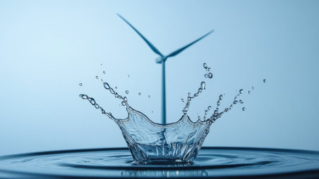 A striking image showing a water splash with a wind turbine in the background, symbolizing the synergy between renewable energy and water conservation, highlighting environmental awareness.の素材
