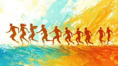 Vibrant and artistic illustration of silhouettes running, showcasing energy and movement against a colorful background that symbolizes freedom and progress in life.の素材