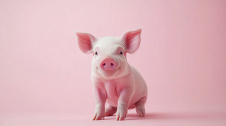 An adorable baby piglet sits against a soft pink background, showcasing its charming personality and playful nature, ideal for animal lovers and marketing projects.の素材