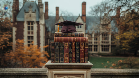 A beautiful image featuring a stack of vintage books topped with a graduation cap, set in autumn near a historic university building, symbolizing education and achievement.の素材