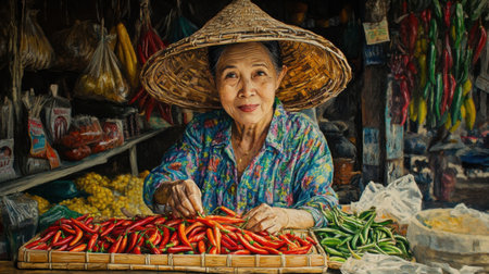 This captivating image showcases an elderly woman in a straw hat as she delicately selects fresh chilies in a vibrant Asian market, reflecting rich cultural traditions and lively local commerce.の素材