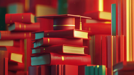 A vibrant image featuring a graduation cap positioned on a stack of red books, symbolizing education and achievement, perfect for themes of learning and inspiration.の素材