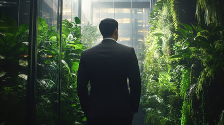 A businessman in a suit walks through a vibrant indoor garden filled with lush greenery, representing a blend of nature and modern office design for a serene work environment.の素材