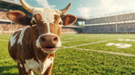 A cheerful cow stands in the middle of a football field, embodying a humorous and light-hearted take on sports culture amidst a vibrant stadium backdrop.の素材
