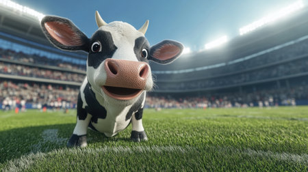 A cheerful cow on a football field brings a unique twist to sports, capturing the playful spirit of fun and entertainment in a lively stadium atmosphere.の素材