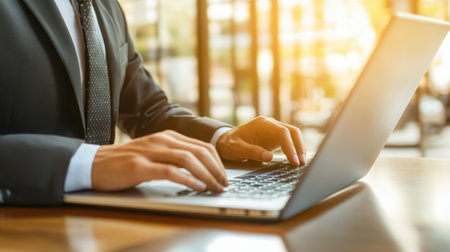 A professional man dressed in a suit engages with his laptop in a bright, modern office, showcasing the blend of technology and business in a stylish workspace.の素材