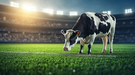 A lively cow grazes on a soccer field, illuminated by stadium lights. This intriguing scene highlights the unexpected beauty of blending agriculture with sports.の素材
