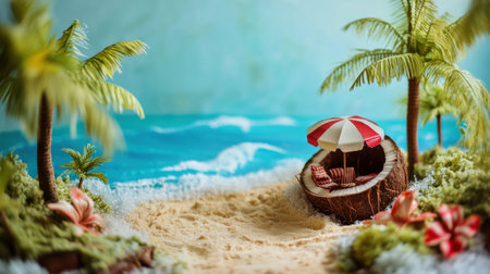 A charming miniature beach scene featuring a coconut chair under a red and white umbrella, surrounded by vibrant tropical plants and soft sandy shores. Perfect for summer vibes!の素材