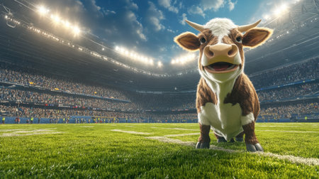 A playful cow stands confidently on a vibrant football field, showcasing a unique sports atmosphere filled with excitement and cheering spectators under dramatic stadium lights.の素材