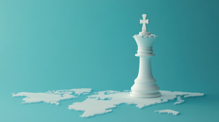 A striking image of a chess king piece positioned on a puzzle map, symbolizing global strategy and decision-making in business and competition, inspiring innovation and leadership.の素材