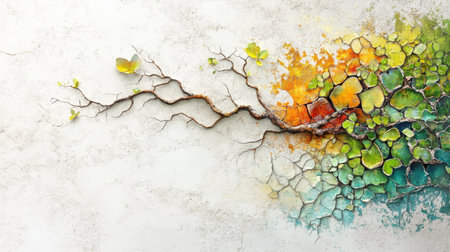 This artwork features an abstract design that beautifully blends nature and texture, illustrating vibrant colors and organic growth against a textured wall backdrop.の素材