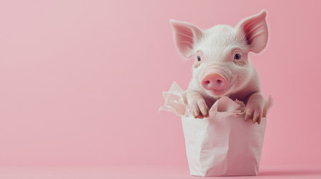 A charming piglet peeks adorably from a paper bag against a soft pink backdrop, radiating joy and innocence, perfect for cheerful themes in creative projects.の素材
