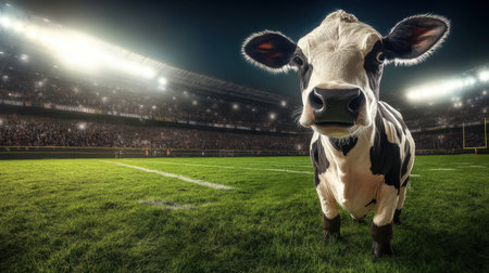 A playful cow stands on a football field, illuminated by stadium lights. The backdrop features enthusiastic fans, creating a unique blend of sports and nature.の素材