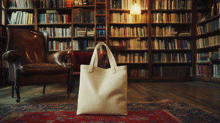 A serene library scene with a beige tote bag resting on a rustic carpet, surrounded by shelves of books, creating an inviting space for reading and reflection.の素材