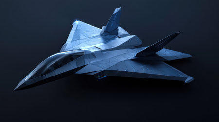This image features a stunning futuristic stealth fighter jet model set against a dark background, showcasing a blend of high-tech features and innovative design elements.の素材