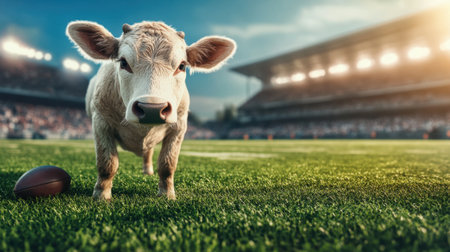 This whimsical image features a curious cow standing on a sports field with a football, surrounded by a lively stadium atmosphere and bright evening lights.の素材