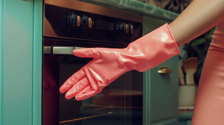 A vibrant kitchen scene showcasing a gloved hand opening an oven door, embodying a blend of modern and retro design elements in a stylish interior.の素材