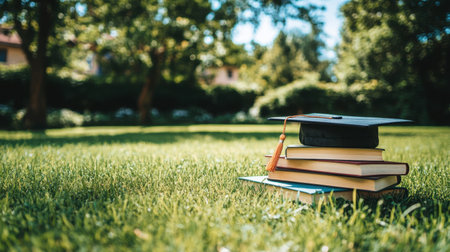 A vibrant outdoor scene featuring a graduation cap atop a stack of books resting on a lush green lawn, highlighting themes of education and success in a bright, cheerful atmosphere.の素材