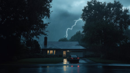 A captivating scene of a house illuminated by soft light during a thunderstorm at night, with rain pouring heavily and lightning striking brilliantly in the dark sky.の素材