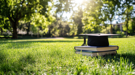 A graduation cap sits atop a stack of books in a vibrant green field, illuminated by sunlight, representing educational achievement and the joy of learning.の素材