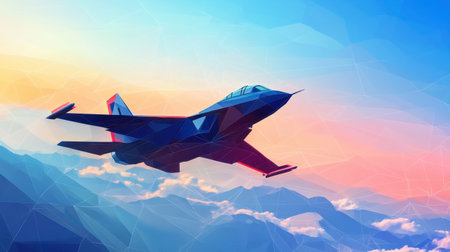 A striking low-poly jet soars through a colorful sky, blending art and aviation in a modern visual style, perfect for creative and technology projects.の素材