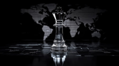 This striking image features a glass chess king piece on a digital chessboard, set against a world map, representing strategy, intellect, and global thinking in today's competitive landscape.の素材