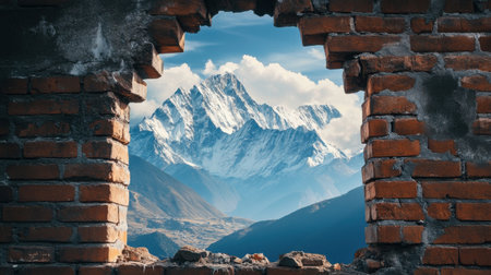 A breathtaking view of snow-capped mountains seen through a rustic brick wall, showcasing nature's beauty against a stunning blue sky and dramatic clouds.の素材