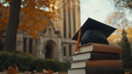 A graduation cap rests on stacked books amidst fall leaves, with a university building in the background, capturing the essence of academic achievement and celebration in a tranquil setting.の素材