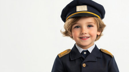 A young boy in a pilot uniform exudes charm and joy, capturing the essence of childhood dreams and aspirations in a playful, light-filled studio environment.の素材