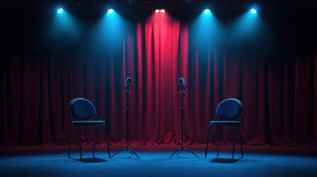 Experience the atmosphere of anticipation with this stage setup, featuring two chairs and microphones under blue and red lighting, perfect for theatrical performances or interviews.の素材