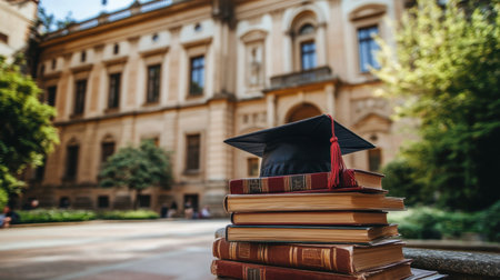 A graduation cap rests on a stack of books outside a historic university building, encapsulating the essence of learning, achievement, and future aspirations in a vibrant outdoor setting.の素材