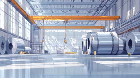 This image depicts a bright industrial warehouse filled with large steel coils and overhead cranes, emphasizing a modern manufacturing environment with ample space and light.の素材