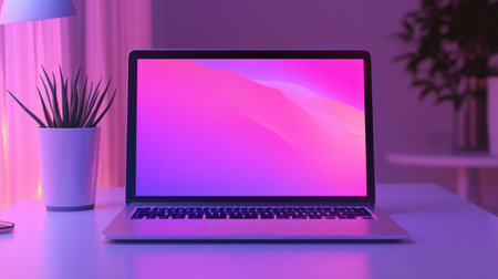 A minimalistic workspace displaying a laptop and a plant, enhanced by soft pink lighting, creating a modern and cozy atmosphere for productivity and relaxation.の素材
