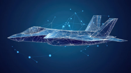 This image features a low-poly jet aircraft rendered with abstract lines and points, showcasing a blend of technology and modern design against a deep blue background.の素材