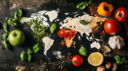 A stunning culinary world map crafted from fresh herbs, spices, and vegetables, illustrating the art of cooking and the diversity of global flavors in a creative design.の素材