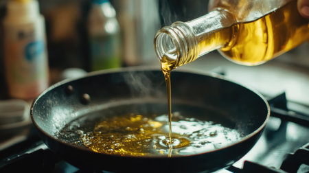 A close-up scene of cooking oil being poured into a heated frying pan, creating steam and capturing the inviting atmosphere of home cooking in a cozy kitchen.の素材