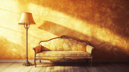A beautiful vintage sofa complemented by a stylish lamp illuminates a cozy interior, creating a serene atmosphere with golden hues and rich textures in a charming space.の素材