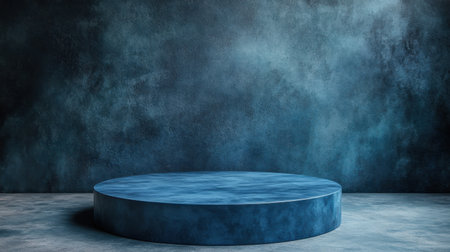 A modern blue podium set against a textured backdrop, perfect for product presentations, photography shoots, and creative marketing. Offers a stylish minimalist look for various projects.の素材