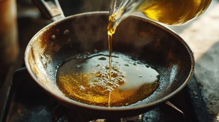A close-up image showcases olive oil being poured into a frying pan, creating bubbles and steam, exemplifying the art of cooking and vibrant ingredients in action.の素材
