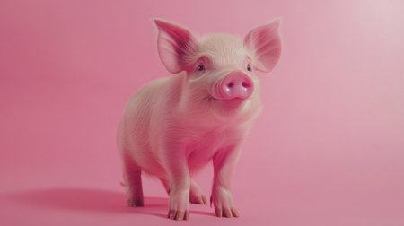 Cheerful pink piglet stands confidently on a vibrant pink background, showcasing a playful and endearing personality perfect for highlighting farm life and childhood innocence.の素材