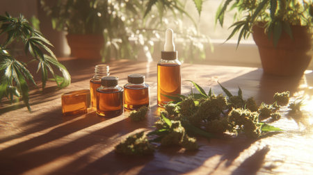 Explore a peaceful and vibrant still life featuring glass bottles filled with amber liquid, accompanied by fresh cannabis leaves in a sunlit room, embodying wellness and nature.の素材