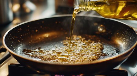 A dynamic scene showcasing the pouring of olive oil into a frying pan, with bubbling action and rich textures that evoke culinary creativity in kitchen environments.の素材