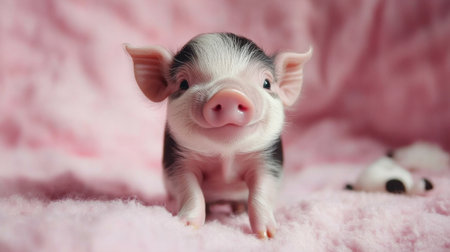 This charming image features an adorable baby piglet with a delightful smile perched on a soft pink blanket, evoking warmth and joy in animal and pet photography.の素材
