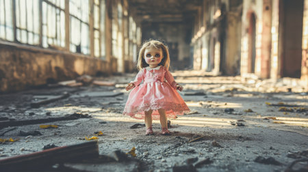 A solitary doll stands in an empty factory, surrounded by dust and decay. Its delicate features and vintage dress create an unsettling beauty in this abandoned space.の素材