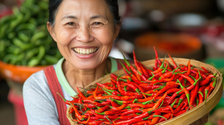 A cheerful woman proudly displays her basket overflowing with bright red chili peppers at a lively market, capturing the essence of local agriculture and community connection.の素材