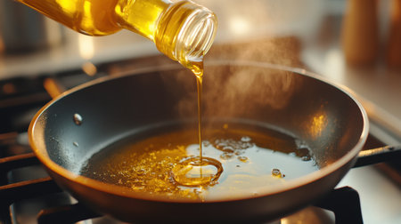 A close-up of golden oil being poured into a hot pan, creating bubbles and steam, evokes the vibrant energy of cooking and the magic of culinary preparation in a home kitchen setting.の素材